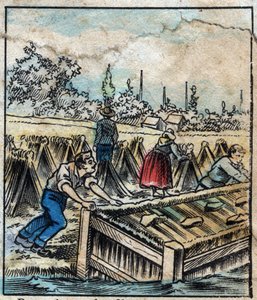 Textil, linne. Linrost: För att separera halmfilament doppas linstövlar i vatten. Gravyr. Epinal avbildning sent 1800-tal. av French School