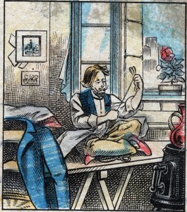 Textil, linne. Sytråd skuren i härvor. Gravyr. Epinal avbildning sent 1800-tal. av French School