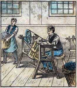 Textil, linne: verkstad. Sytråden läggs ut på kort eller rullar i en boll. Gravyr. Epinal avbildning sent 1800-tal. av French School
