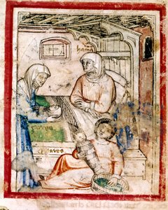 Thamar (Tamar) föder två tvillingar, Perets och Zerah, Judas son, miniatyr från codex 212 (eller padovano codice eller Bible of Padua) 1390-1400 av French School