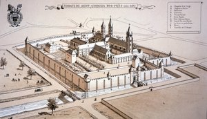 Abbey of Saint-Germain-des-Prés ca 1520 (färgad gravyr) av French School