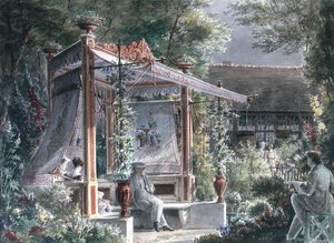Arkitekten Jacques Ignace Hittorff (1792-1867) i sin trädgård i Paris (gouache på papper) av French School