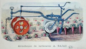Bajac-maskinen för att lyfta rödbetor, ca 1900 (färggravyr) av French School