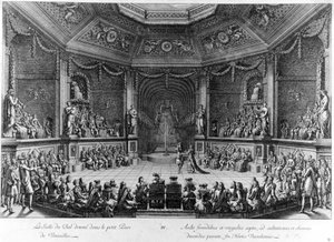 Balsalen ges i den lilla Parc de Versailles, gravyr 1678. av French School