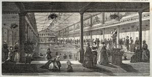 The Baths at Hotel Lambert, Ile Saint-Louis, Paris, mitten av 1800-talet - Hotel Lambert, Ile Saint-Louis, simskola för damer - Bain Lambert - - Gravyr i "Tableau-de-Paris" av Edmond Texier 1852 av French School
