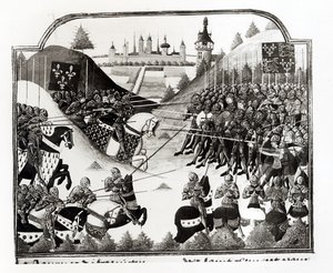 Slaget vid Fromigny, 14 april 1450, fr 2691 fol. 183, från Chronique de Charles VII av Jean Chartier av French School