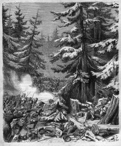 Slaget vid Hohenlinden (nära München, Tyskland) den 12 Frimaire, IX (3 december 1800) mellan de franska trupperna av general Jean Victor (Jean-Victor) Moreau och de österrikiska och bayerska styrkorna under befäl av ärkehertig Jean-Baptiste (Jean-Baptiste) av French School