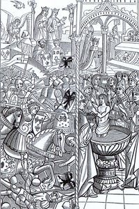 Slaget vid Tolbiac och Kung Clovis dop, från "Mirouer Historial de France", publicerad 1516 av French School
