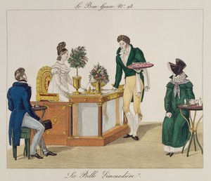 The Beautiful Lemonade seller, tallrik 98 från le Bon Genre, c.1810 (färggravyr) av French School