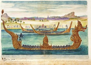 The Boats of the King of Siam, från en redogörelse för jesuiterna i Siam, 1688 (wc på papper) av French School
