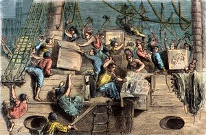 The Boston Tea Party, 6 december 1773. av French School