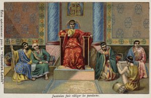Den bysantinske kejsaren Justinian I dikterar Pandects, 600-talet av French School