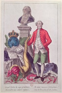 The Call of Jacques Necker (1732-1804) 16 juli 1789 (färgad gravyr) av French School