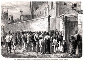 Kapucinerna i rue de la Sante distribuerar den dagliga soppan till de fattiga, från Le Monde Illustre, 1860 av French School