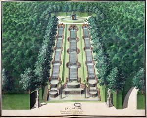 Cascaden, ändrad i slutet av 1706, i lunden på kullen, från Gardens of Marly, tidigt 1700-tal (wc på papper) av French School