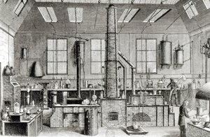 Kemilaboratoriet vid en skola i Paris, från Almanach du Magasin Pittoresque, 1870 av French School