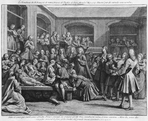 Konvulsionärerna på församlingskyrkogården Saint-Medard i Paris, illustration från La verite des miracles de M. de Paris... av Louis Basile Carre de Montgeron (1686-1754) 1737 av French School