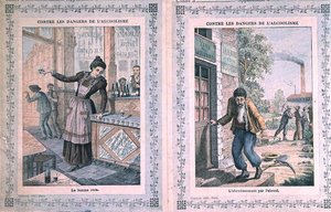 Farorna med alkoholism, omslag till en skolbok. c.1900 (lito i färg) av French School