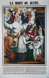 Den rättvisa mannens död och ängeln som tar honom till himlen, mitten av 1800-talet (färg litho) av French School