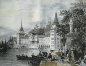 Dolmabahcepalatset vid Bosporen, 1840 (färggravyr) av French School