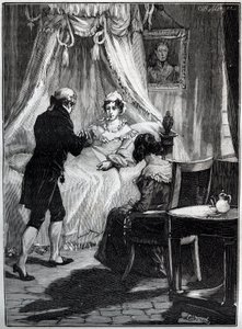 Hertiginnan av Berry (Marie Caroline, prinsessan av de två Sicilierna, hertiginnan av Berry (1798-1870) vid fästningen Blay tar emot doktor Louis Charles Deneux (1767-1846) - Gravyr - av French School