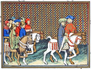 Hertigarna av Exeter och Surrey skickade av Richard II från Conway castle till Chester för att behandla med hertigen av Lancaster, faksimilkopia från Le Prinse et Mort du Roy Richart av Jean Creton, omtryckt 19:e av French School