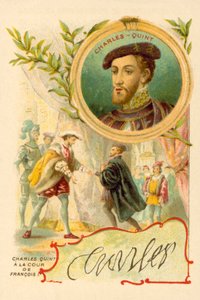Kejsaren Karl V vid hovet till Frans I av Frankrike (chromolitho) av French School