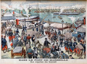 Slutet på strejken i Marseille, illustration från "Le petit Journal", 23 oktober 1904 - I MARSEILLES HAMN - Återgången till arbetet - Efter för långa arbetslösa dagar har Marseilles hamn äntligen återupptagit all sin verksamhet av French School