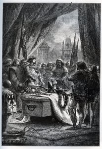Den engelske guvernören i Chateauneuf de Randon (Chateauneuf-de-Randon, Auvergne) kapitulerade och kom att lägga nycklarna till torget på Bertrand du Guesclins kista (1320-1380), den 13 juli 1380, framför vilken staden låg. belägring. Le connetable die av French School