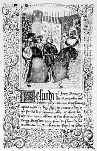 Karl VII:s (1403-61) intåg i Rouen 1450, från ett manuskript som innehåller berättelsen om hundraåriga kriget, illustration från vetenskap och litteratur under medeltiden och renässansen av French School
