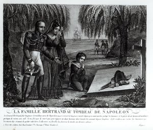 General Henri-Gratien Bertrands (1773-1844) familj vid Napoleon Bonapartes grav (1769-1821) 1821 (litho) (bw foto)