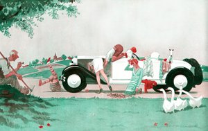 Den ödesdigra uppdelningen - Om jordbruket saknar armar, saknar inte bilismen ben - illustration från la Vie Parisienne av French School