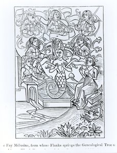 Fay Melusine, från vars flanker utspringer det genealogiska trädet av kungar och kejsare, illustration från vetenskap och litteratur under medeltiden och renässansen, skriven och graverad av Paul Lace av French School