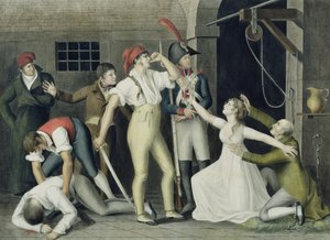 Madamemoiselle de Sombreuils barnsliga och heroiska hängivenhet i september 1792, ca 1800 (penna och bläck, wc och gouache på papper) av French School