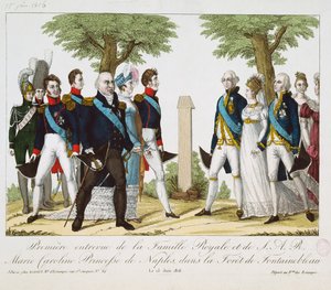 Det första mötet mellan Ludvig XVIII (1755-1824) och Marie-Caroline-Ferdinande (1798-1870) av Bourbon, vid Croix de St. Herem i Fontainebleau-skogen, 15 juni 1816, 1816-30 (färgad engr. av French School