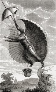 The Flying Man, graverad efter Nicolas Edme Restif de la Bretonne, från "Wonderful Balloon Ascents or the Conquest of the Skies", av Fulgence Marion, publicerad ca 1870 av French School