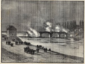 Det fransk-preussiska kriget - Försvaret av Paris-bränning av bron i Asnieres - Brand av bron i Asnieres under belägringen (försvaret) av Paris Gravyr i "" Les combatants de 1870-71"" av befälhavare Leonce Rousset (1850- 1938) - Franco Preussian War - ( av French School