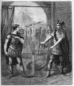 Den galliska arméledaren Brennos (Brennus) besegrar romarna och proklamerar "" Vae Victis"" (Ve de besegrade), gallerna krävde lösen efter deras erövring av Rom - Brennus ledare för den galliska stammen Senons uttalar den ödesdigra Vae offer av French School