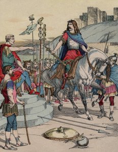Den galliske hövdingen Vercingetorix (72-46 f.Kr.) överlämnade sig till den romerske hövdingen Julius Caesar (100-44 f.Kr.) efter slaget vid Alesia 52 f.Kr. - "" Den galliske ledaren Vercingetorix (72-46 f.Kr.) överlämnade sig till den romerske hövdingen J av French School