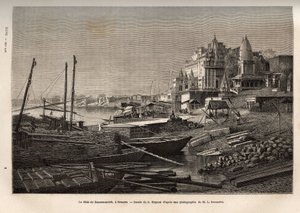 Ghat de Benares (nuvarande Vanarasi) (ghat som betecknar trappstegen som täcker flodernas stränder och stränderna av bassängerna och reservoarerna som gör det möjligt att sjunka ner i kontakt med vatten), graverad efter G. Moynets teckning, som illustrerar av French School
