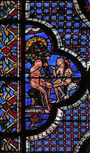 Det barmhärtige samaritans fönster: Adam och Eva under kunskapens träd om gott och ont (w44) av French School