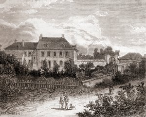 Huset i Gras, nära Chalon-sur-Saône, Frankrike, där den franske uppfinnaren Nicéphore Niépce utvecklade heliografin, från Les Merveilles de la Science, publicerad ca 1870 (gravyr) av French School