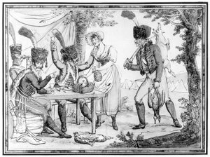 Husarerna och Vivandiere, 1803 (wc på papper) av French School