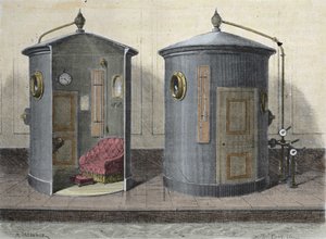 The Hyperbaric Chamber av Paul Bert (1833-1887), fysiolog och fransk politiker. Gravyr från 1855. av French School