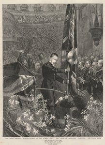 Den irländska lojalistdemonstrationen i Albert Hall, London, 1893: Hertigen av Abercorn (James Hamilton) (1811-1885) planterar Union Jack. av French School