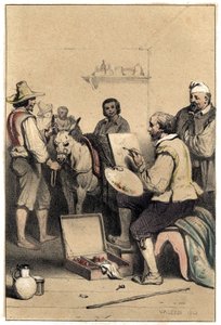 Den italienska målaren Antonio Allegri (känd som Correggio eller Le Correge 1489-1534), stöder, skapar tecknet på ett värdshus, för att betala för sin måltid Tallrik hämtad från "" Scener av berömda mäns liv""" gravyr i två färger av Valerio. 1843. av French School
