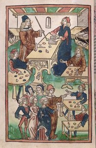 The Jewellers Shop, 1491 (färgat träsnitt) av French School