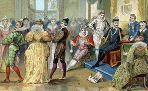 Kungen av Frankrike Henry III (1551-1589) omger sina sötnosar. Kromolitografi från slutet av 1800-talet av French School