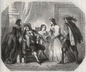 Kungen av Frankrike Ludvig XIII (1601-1643) fångas med migrän när han talar med drottning Anne av Österrike (1601-1666). Gravyr från 1871 i "Histoire Des Cocus Celebres"" av Henry de Kock (1819-1892). av French School
