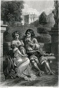Frankrikes kung Ludvig XIV i galant sällskap med Mademoiselle de la Vallière av French School